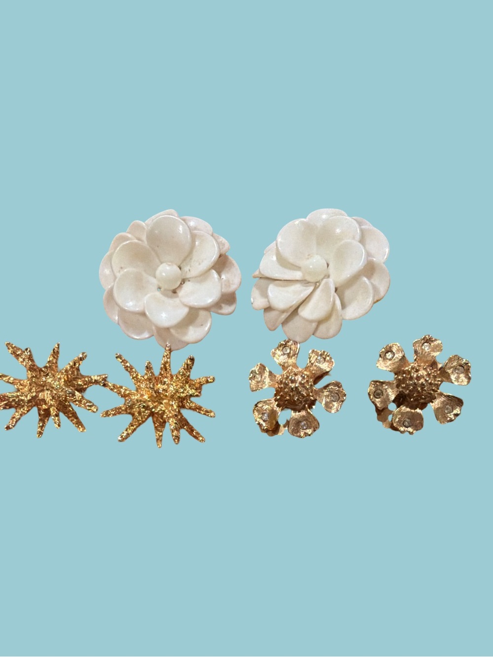 Bundle of vintage earrings Gold and White Floral Stud Earring Set and gold